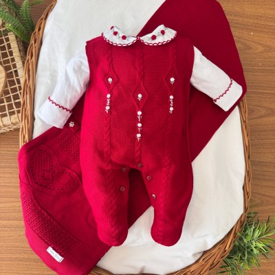  Saída de Maternidade Tiffany Gola Bordada - Vermelho